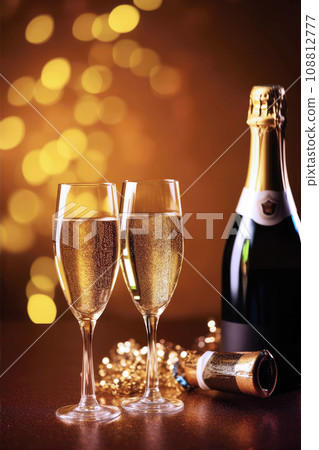 Glasses of champagne on a festive background, party or holiday concept. New Year or Christmas sparkling background with copy space. Gold and black colors. Glasses of champagne on a festive background, party or holiday concept. New Year or Christmas sparkling background with copy space. Gold and black colors. 108812777