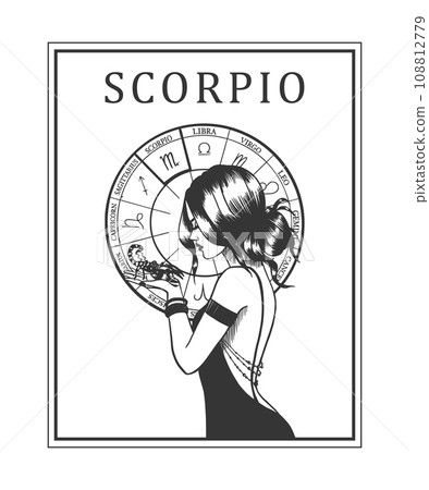 Illustration of monochrome card with astrological sign and romantic beauty woman. Zodiac symbol art. Illustration of monochrome card with astrological sign and romantic beauty woman. Zodiac symbol art. 108812779