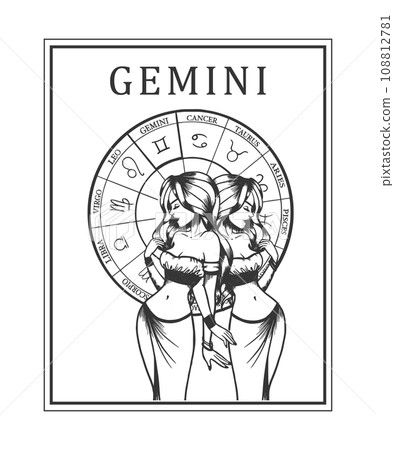 Illustration of monochrome card with astrological sign and romantic beauty woman. Zodiac symbol art. Illustration of monochrome card with astrological sign and romantic beauty woman. Zodiac symbol art. 108812781