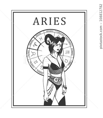 Illustration of monochrome card with astrological sign and romantic beauty woman. Zodiac symbol art. Illustration of monochrome card with astrological sign and romantic beauty woman. Zodiac symbol art. 108812782