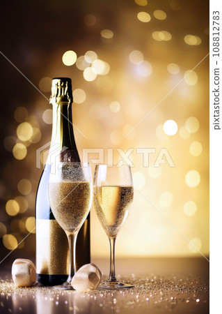 Glasses of champagne on a festive background, party or holiday concept. New Year or Christmas sparkling background with copy space. Gold and black colors. 108812783