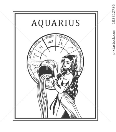 Illustration of monochrome card with astrological sign and romantic beauty woman. Zodiac symbol art. Illustration of monochrome card with astrological sign and romantic beauty woman. Zodiac symbol art. 108812786
