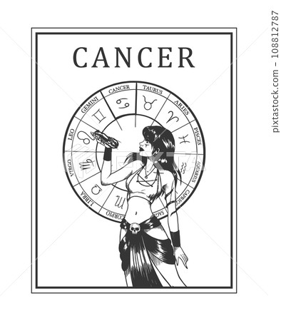 Illustration of monochrome card with astrological sign and romantic beauty woman. Zodiac symbol art. Illustration of monochrome card with astrological sign and romantic beauty woman. Zodiac symbol art. 108812787