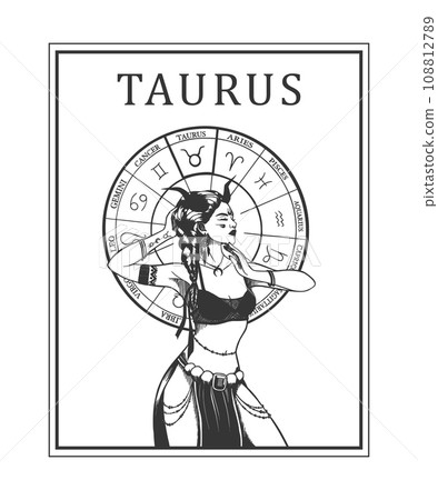 Illustration of monochrome card with astrological sign and romantic beauty woman. Zodiac symbol art. Illustration of monochrome card with astrological sign and romantic beauty woman. Zodiac symbol art. 108812789