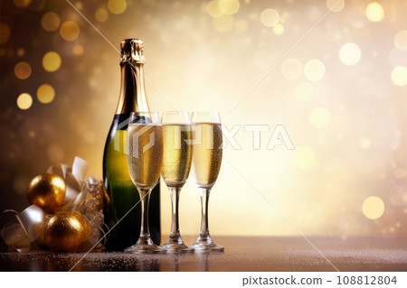 Glasses of champagne on a festive background, party or holiday concept. New Year or Christmas sparkling background with copy space. Gold and black colors. 108812804