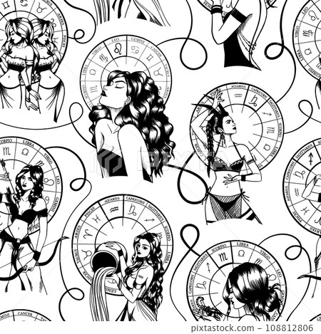 Seamless pattern with hand drawn monochrome arts of beautiful woman with astrological signs. 108812806