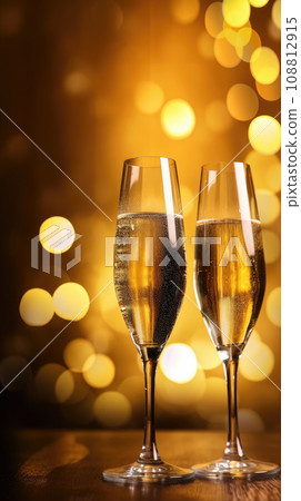 Glasses of champagne on a festive background, party or holiday concept. New Year or Christmas sparkling background. Gold and black colors. 108812915
