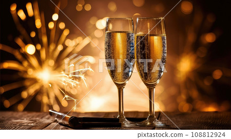 Glasses of champagne on a festive background, party or holiday concept. New Year or Christmas sparkling background. Gold and black colors. 108812924