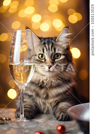 Fluffy cat next to a glass of champagne on the background of Christmas decorations. Cute cat with cozy Christmas lights on background. New Year celebration. 108813029