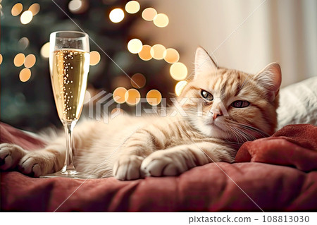 Fluffy cat next to a glass of champagne on the bokeh background. Cute cat with cozy Christmas lights. 108813030