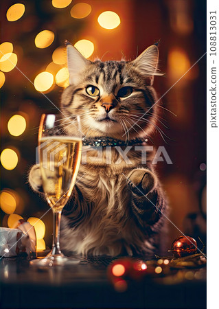 Fluffy cat next to a glass of champagne on the background of Christmas decorations. Cute cat with cozy Christmas lights on background. 108813031