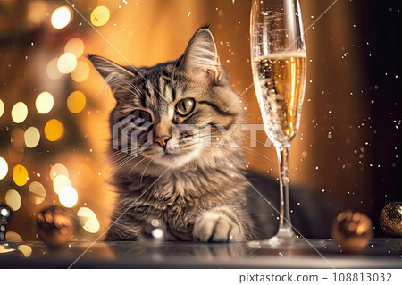 Fluffy cat next to a glass of champagne on the background of Christmas decorations. Cute cat with cozy Christmas lights on background. New Year celebration. 108813032