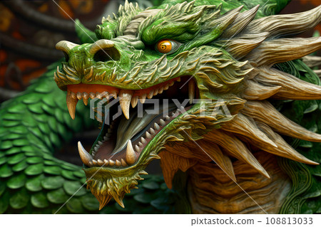 Green dragon statue. Symbol of 2024 on blurred background. Green Chinese dragon wooden sculpture. Mythological creature. Green fantasy dragon. 108813033