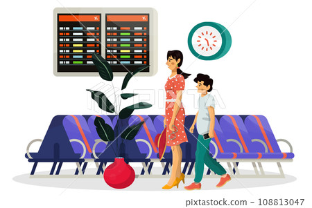 Vector flat illustration of waiting room or hall and passengers family with priority pass in airport Vector flat illustration of waiting room or hall and passengers family with priority pass in airport 108813047