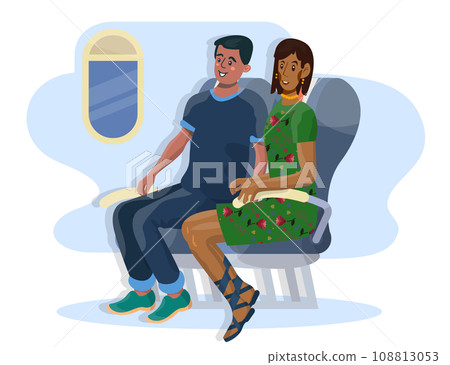 Vector flat illustration of passengers in a cabin of plane during the flight. 108813053