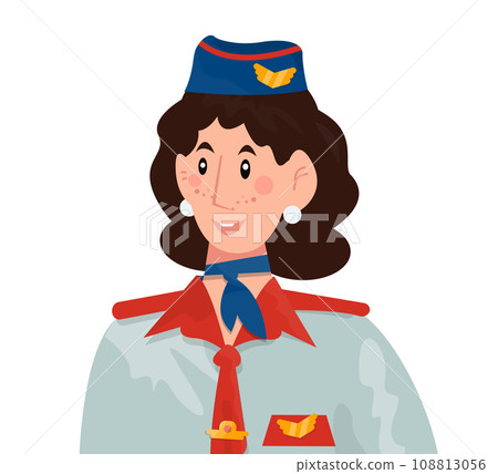 Avatar or portrait of woman pilot, stewardess, conductor or guard on white isolated background. Avatar or portrait of woman pilot, stewardess, conductor or guard on white isolated background. 108813056