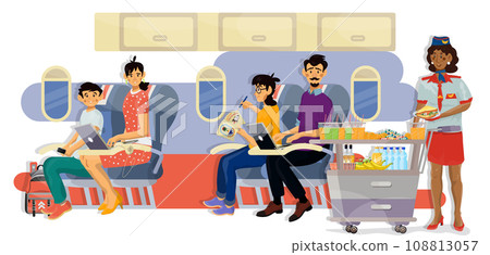 Vector flat illustration of stewardess serving food on plane. 108813057