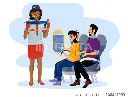 Vector illustration of woman stewardess who shows how to fasten your seat belt in a cabin on a plane Vector illustration of woman stewardess who shows how to fasten your seat belt in a cabin on a plane 108813063