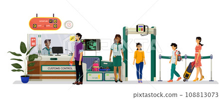 Flat illustration of customs and immigration control with queue in airport on a white background. 108813073