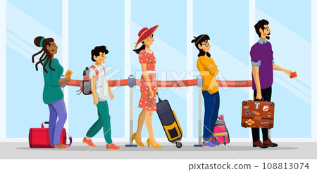 Vector cartoon illustration of queue in airport or railway station. Family concept. Vector cartoon illustration of queue in airport or railway station. Family concept. 108813074