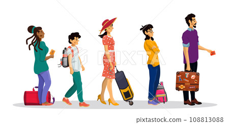 Vector cartoon illustration of queue in airport or railway station. Family concept. 108813088