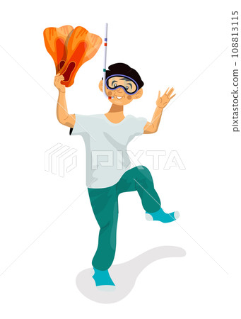 Boy jump with flippers on white background. Vector isolated background. Boy going to vacation. 108813115