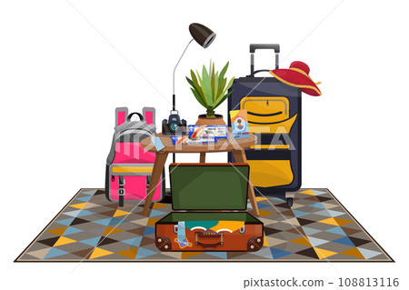 Illustration of collecting things for vacation. Backpack and open suitcases on a carpet. 108813116