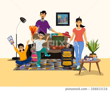 Vector illustration of happy family going to travel. Parents and their children packing suitcases. 108813118