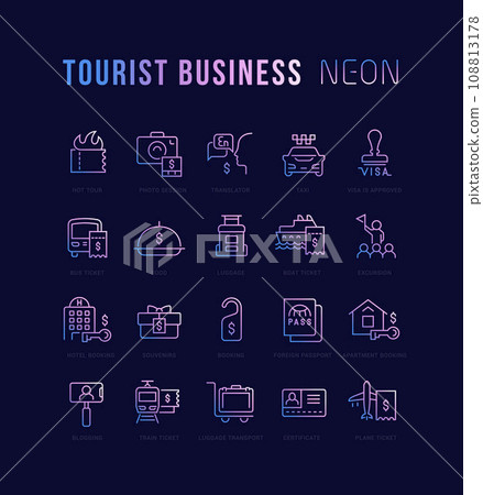 Collection Linear Neon Icons of Tourist Business Collection Linear Neon Icons of Tourist Business 108813178