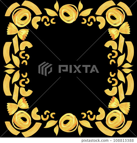 A square frame of different types of Italian pasta for designing menus, certificates and booklets, and advertising cafes. Isolated watercolor illustration. Clipart. A square frame of different types of Italian pasta for designing menus, certificates and booklets, and advertising cafes. Isolated watercolor illustration. Clipart. 108813388