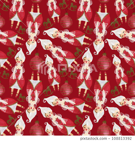 Nutcracker and nuts. Seamless watercolor pattern for New Year and Christmas wrapping paper. Vintage style gifts for children under the Christmas tree. Nutcracker and nuts. Seamless watercolor pattern for New Year and Christmas wrapping paper. Vintage style gifts for children under the Christmas tree. 108813392