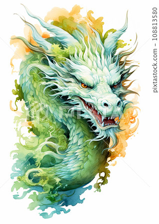 Green watercolor style dragon isolated on white background. Chinese New Year 2024 zodiac sign, year of the Dragon. Mythological creature. Illustration of fantastic monster for postcard, book, poster 108813580