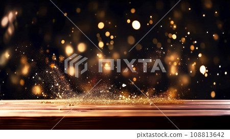 Empty wooden table top with gold shiny bokeh. Festive, Christmas, New Year background for product placement or montage with focus to the table top. Empty wooden table top with gold shiny bokeh. Festive, Christmas, New Year background for product placement or montage with focus to the table top. 108813642