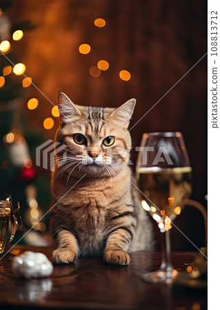 Fluffy cat next to a glass of champagne on the background of Christmas decorations. Cute cat with cozy Christmas lights on background. New Year celebration. 108813712