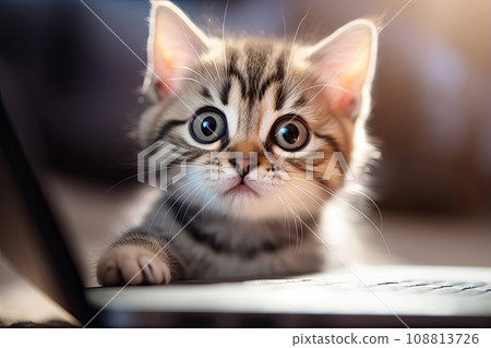 Close up portrait of cute cat sitting at laptop. The concept of working from home online. Close up portrait of cute cat sitting at laptop. The concept of working from home online. 108813726