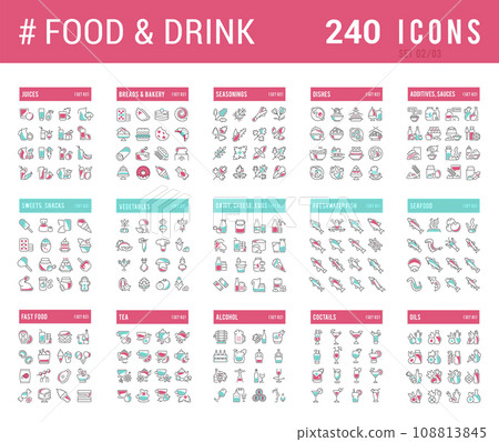 Collection Linear Icons of Food and Drinks. Collection Linear Icons of Food and Drinks. 108813845