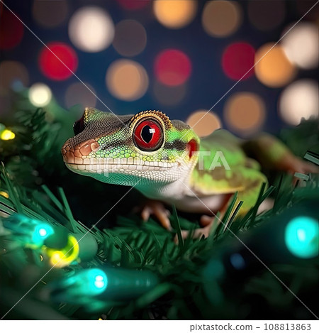 Cute funny gecko with holiday Christmas lights on background. Happy dragon celebrating the new year Cute funny gecko with holiday Christmas lights on background. Happy dragon celebrating the new year 108813863
