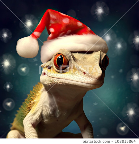 Lizard wearing a Santa hat. Cute happy gecko surrounded by Christmas lights. 108813864