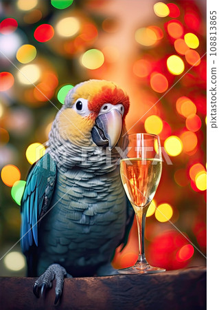 Cute funny parrot with holiday Christmas lights on background. Happy colorful parrot with a glass of champagne celebrating the new year. Cute funny parrot with holiday Christmas lights on background. Happy colorful parrot with a glass of champagne celebrating the new year. 108813865