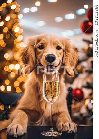 Cute funny dog with holiday Christmas lights on background. Adorable golden retriever dog with a glass of champagne celebrating the new year Cute funny dog with holiday Christmas lights on background. Adorable golden retriever dog with a glass of champagne celebrating the new year 108813866