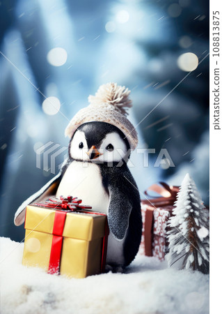 Christmas cute penguin with gift present. Portrait of a little penguin sitting under snowfall. Christmas card. . 108813875