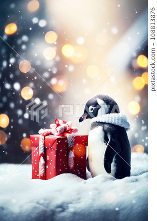 Christmas cute penguin with gift present. Portrait of a little penguin sitting under snowfall. Christmas card. . 108813876