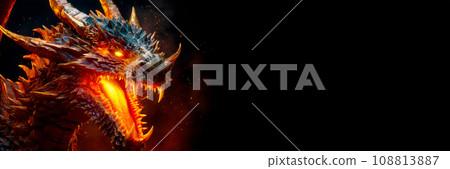 Fire dragon on the black background with copy space. Chinese New Year 2024 banner, year of the Dragon. Mythological creature. Abstract fiery Illustration of fantastic monster for postcard, book Fire dragon on the black background with copy space. Chinese New Year 2024 banner, year of the Dragon. Mythological creature. Abstract fiery Illustration of fantastic monster for postcard, book 108813887