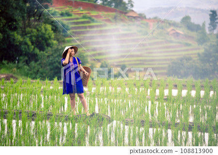 Hmong Woman with local hat and blue native dress with wooden basket standing on ridge Hmong Woman with local hat and blue native dress with wooden basket standing on ridge 108813900