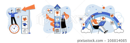 Time management. Vector illustration. Optimization processes and organization improves time management The time management metaphor highlights importance utilizing time effectively Professional 108814085