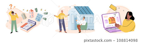 Buying and choosing housing. Vector illustration The estate agent guided buyer through purchasing process Investing in real estate was popular choice The property had modern design and aesthetic Buying and choosing housing. Vector illustration The estate agent guided buyer through purchasing process Investing in real estate was popular choice The property had modern design and aesthetic 108814098