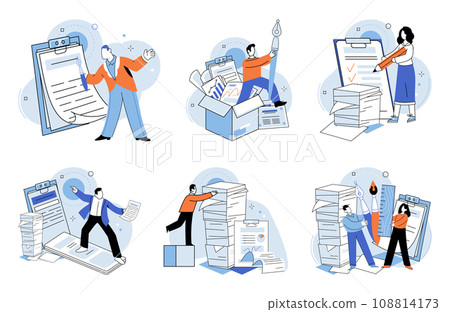 Paperwork. Vector illustration. There is heavy workload includes handling lot paperwork The deadline for task is approaching quickly The individual is always busy with paperwork and other job 108814173