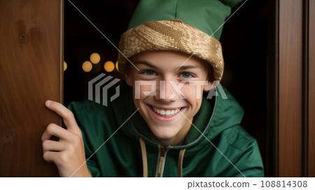 Portrait of a cute elf guy looking out of the house. Christmas character. 108814308