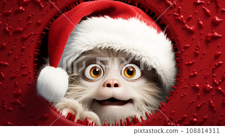 A fantastic cute monster in a Santa hat looks into a hole. Christmas character. 108814311