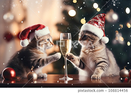 Two cute cats in Christmas hats next to a glass of champagne in the background of Christmas decorations. Fluffy cats with cozy Christmas lights in the background. 108814456